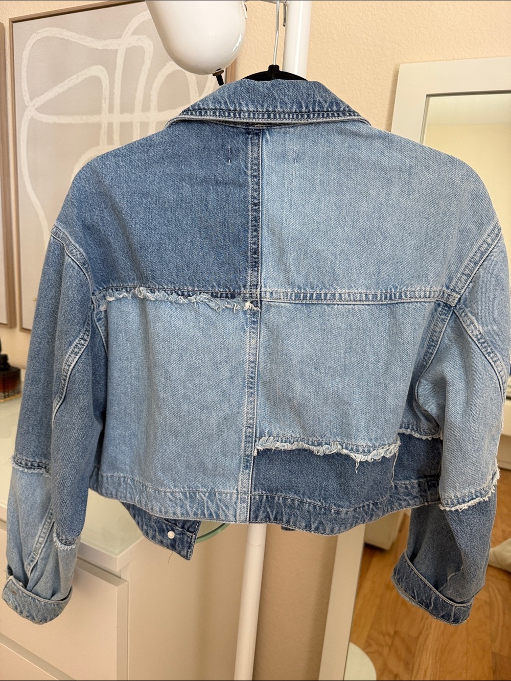 ZARA Two-Tone Patchwork Light & Medium Blue Denim Jacket - Picture 3 of 5